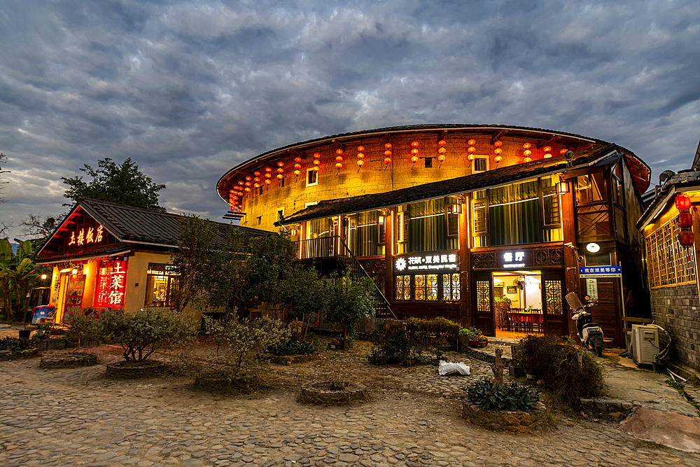 Night shot of the Yunshuiyao Ancient Town, Hakka, Fujian, China, Asia