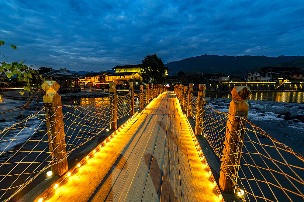 Night shot of the Yunshuiyao Ancient Town, Hakka, Fujian, China, Asia