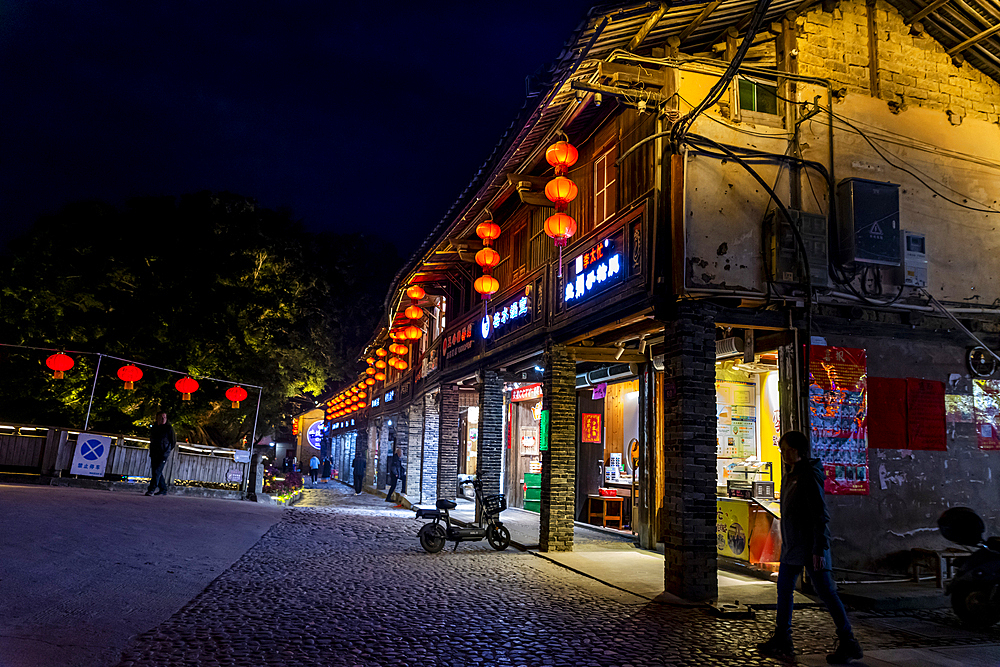 Night shot of the Yunshuiyao Ancient Town, Hakka, Fujian, China, Asia