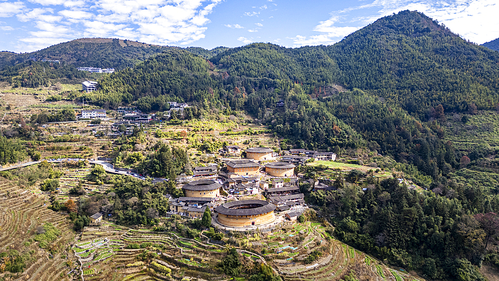 Aerial of Tianluokeng, UNESCO World Heritage Site, Fujian Tulou, rural dwelling of the Hakka, Fujian, China, Asia