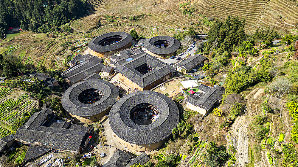 Aerial of Tianluokeng, UNESCO World Heritage Site, Fujian Tulou, rural dwelling of the Hakka, Fujian, China, Asia