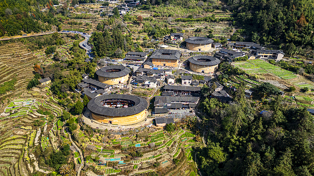 Aerial of Tianluokeng, UNESCO World Heritage Site, Fujian Tulou, rural dwelling of the Hakka, Fujian, China, Asia