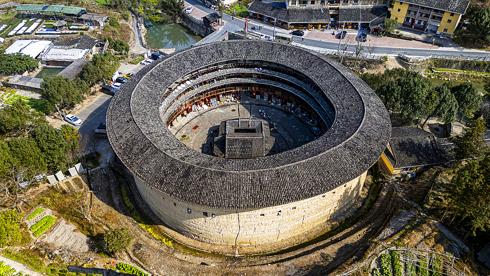 Aerial of the Yuchang Fujian Tulou, rural dwelling of the Hakka, Fujian, China, Asia