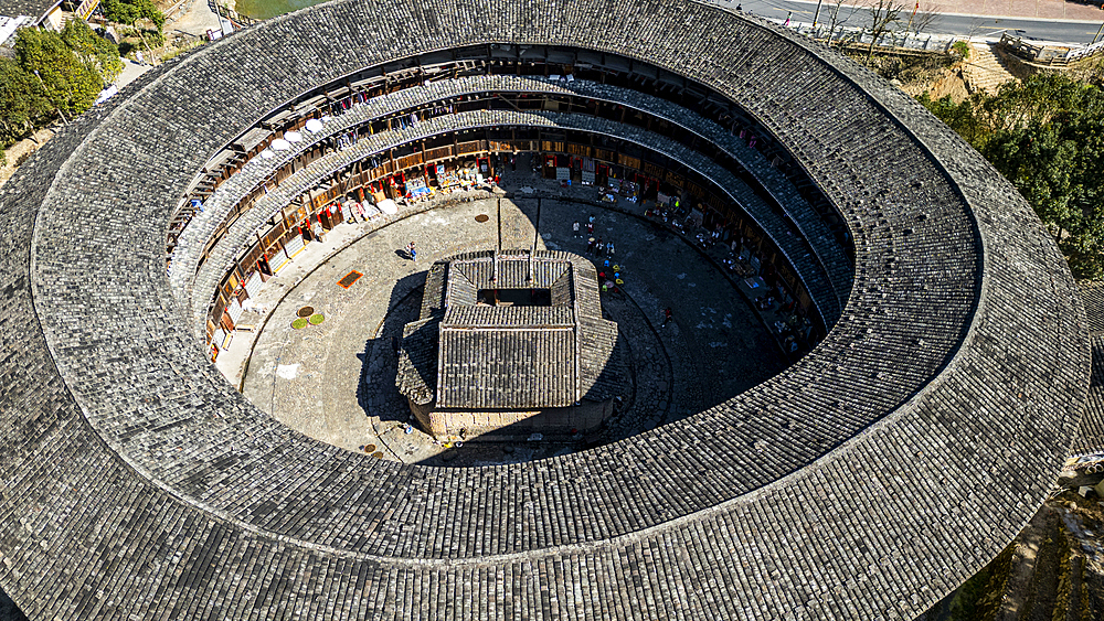 Aerial of the Yuchang Fujian Tulou, rural dwelling of the Hakka, Fujian, China, Asia