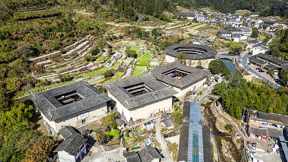 Aerial of the Yuchang Fujian Tulou, rural dwelling of the Hakka, Fujian, China, Asia