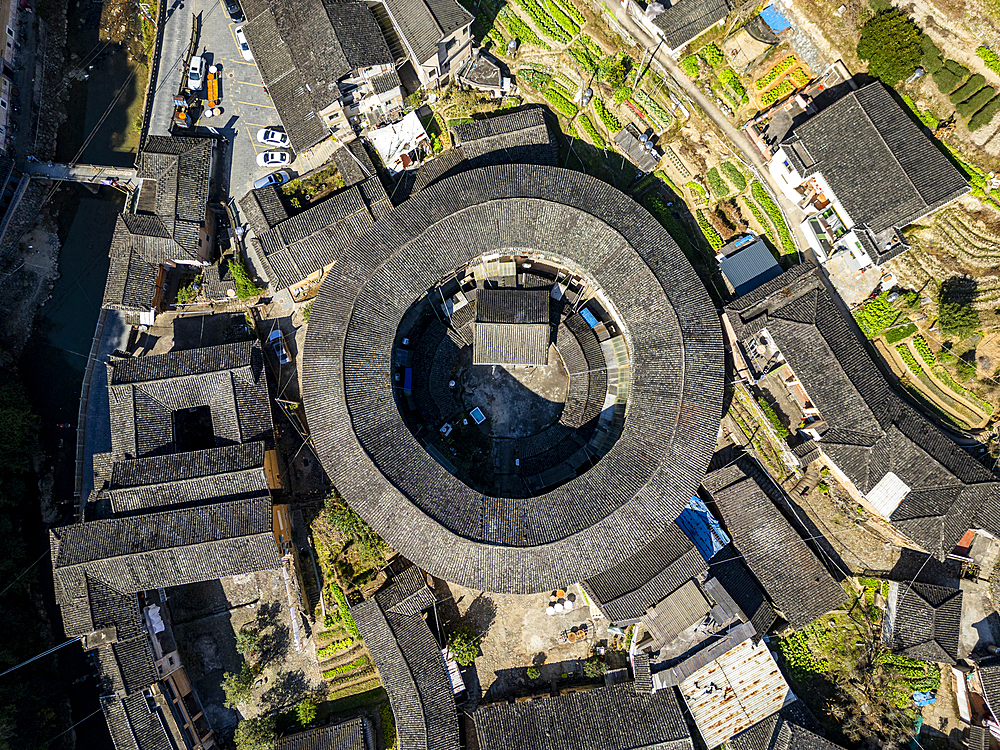 Aerial of Taxia village and Fujian Tulou, rural dwelling of the Hakka, Fujian, China, Asia