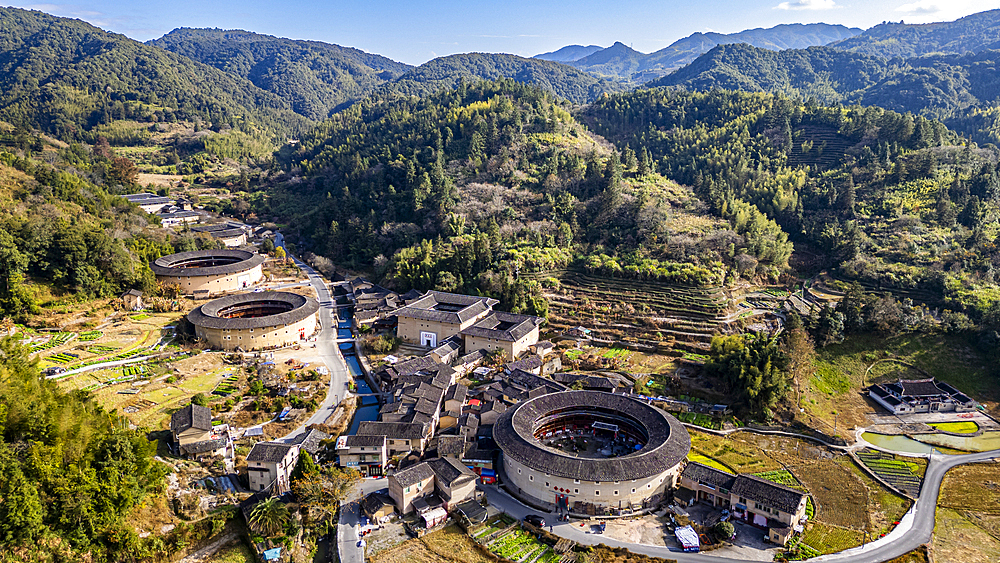 Aerial of the Hekeng Fujian Tulou, UNESCO World Heritage Site, rural dwelling of the Hakka, Fujian, China, Asia