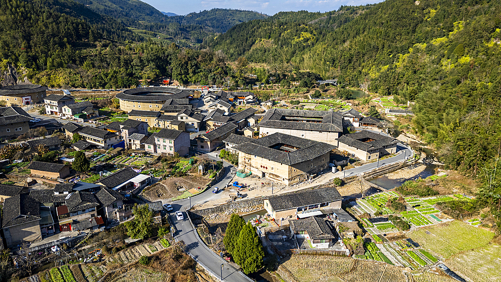 Aerial of the Hekeng Fujian Tulou, UNESCO World Heritage Site, rural dwelling of the Hakka, Fujian, China, Asia