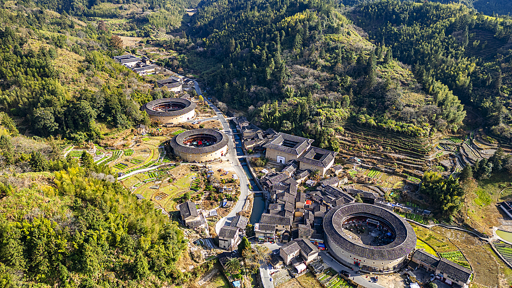 Aerial of the Hekeng Fujian Tulou, UNESCO World Heritage Site, rural dwelling of the Hakka, Fujian, China, Asia