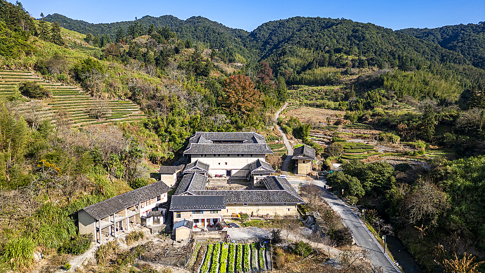 Aerial of the Hekeng Fujian Tulou, UNESCO World Heritage Site, rural dwelling of the Hakka, Fujian, China, Asia