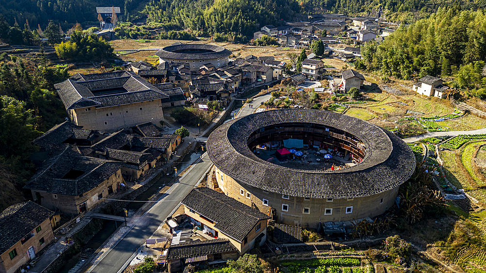 Aerial of the Hekeng Fujian Tulou, UNESCO World Heritage Site, rural dwelling of the Hakka, Fujian, China, Asia