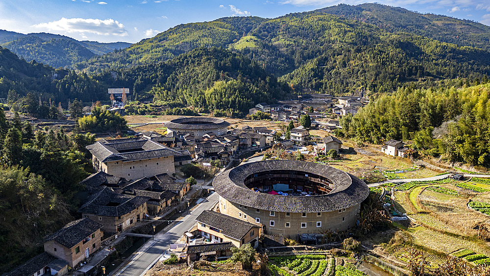 Aerial of the Hekeng Fujian Tulou, UNESCO World Heritage Site, rural dwelling of the Hakka, Fujian, China, Asia