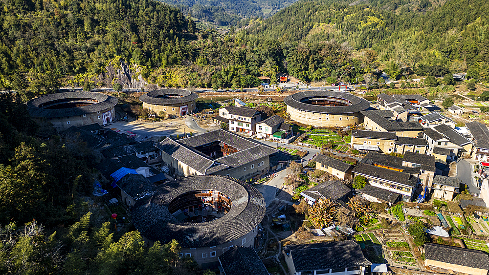 Aerial of the Hekeng Fujian Tulou, UNESCO World Heritage Site, rural dwelling of the Hakka, Fujian, China, Asia