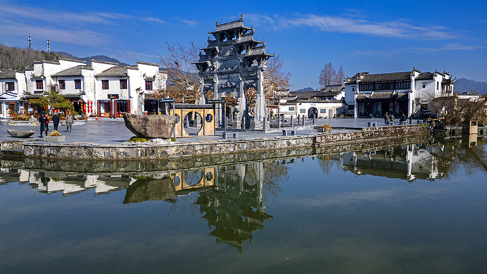 Aerial of Xidi historic ancient village, UNESCO World Heritage Site, Xidi, Anhui, China, Asia