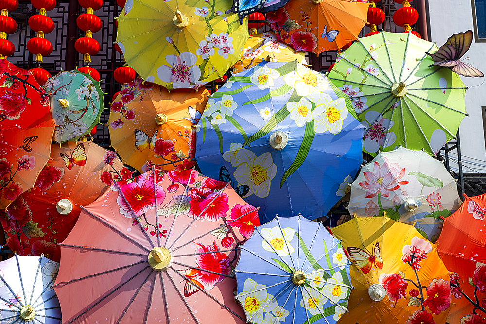 Giant umbrellas, Zhouzhuang water town, Jiangsu, China, Asia