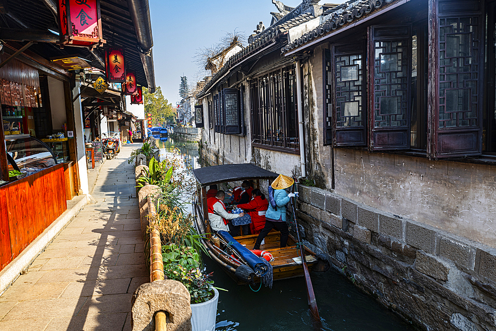 Little boat on a channel in Zhouzhuang water town, Jiangsu, China, Asia