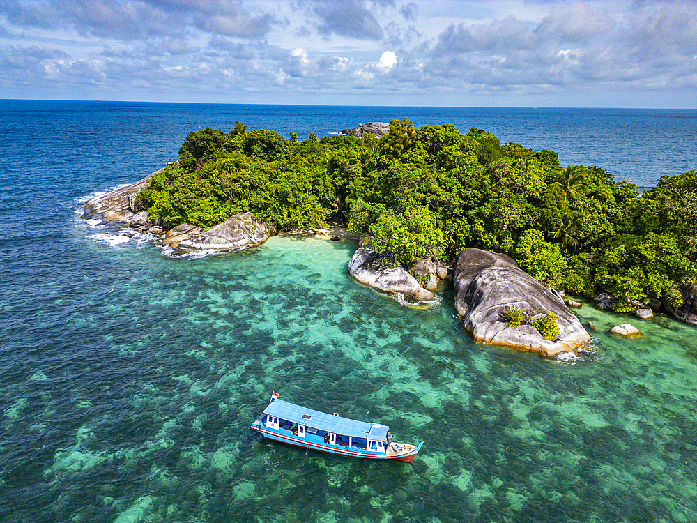 Aerial of little Keciput granite rock island, Belitung island off the coast of Sumatra, Indonesia, Southeast Asia, Asia