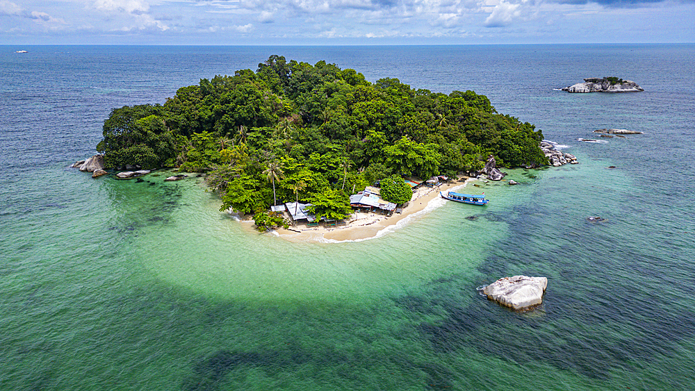 Aerial of Pulau Kelayang, Belitung island off the coast of Sumatra, Indonesia, Southeast Asia, Asia