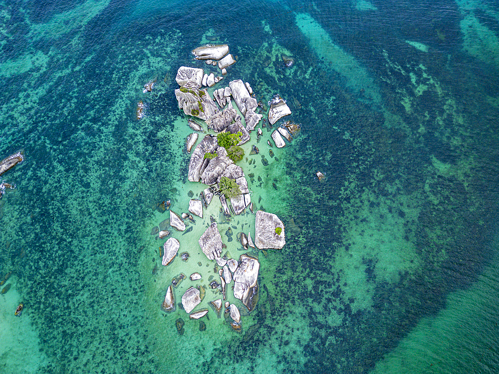 Aerial of the Batu Garuda granite rock formation, Belitung island off the coast of Sumatra, Indonesia, Southeast Asia, Asia