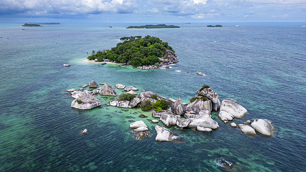 Aerial of Pulau Kelayang, Belitung island off the coast of Sumatra, Indonesia, Southeast Asia, Asia