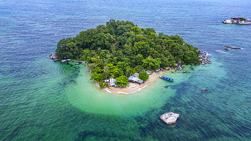 Aerial of Pulau Kelayang, Belitung island off the coast of Sumatra, Indonesia, Southeast Asia, Asia