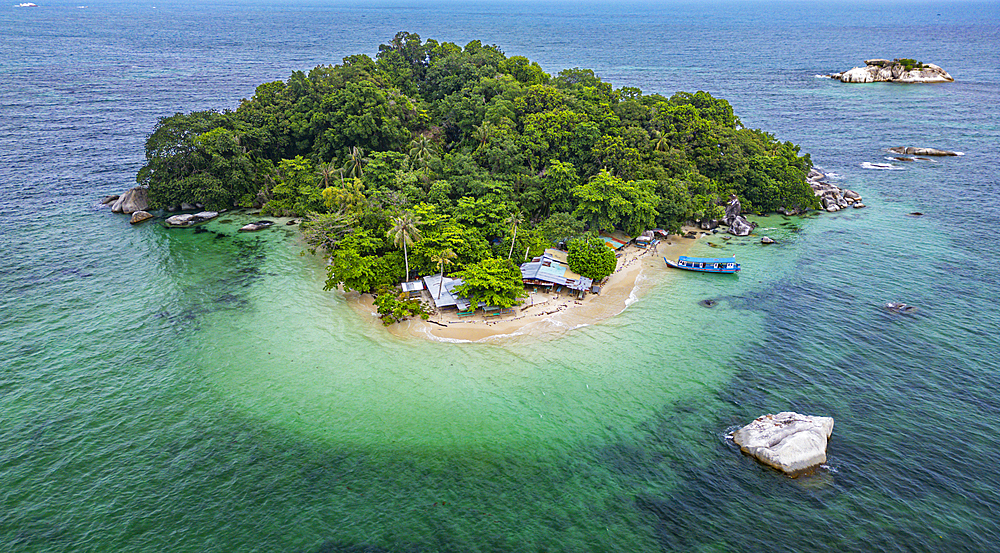 Aerial of Pulau Kelayang, Belitung island off the coast of Sumatra, Indonesia, Southeast Asia, Asia