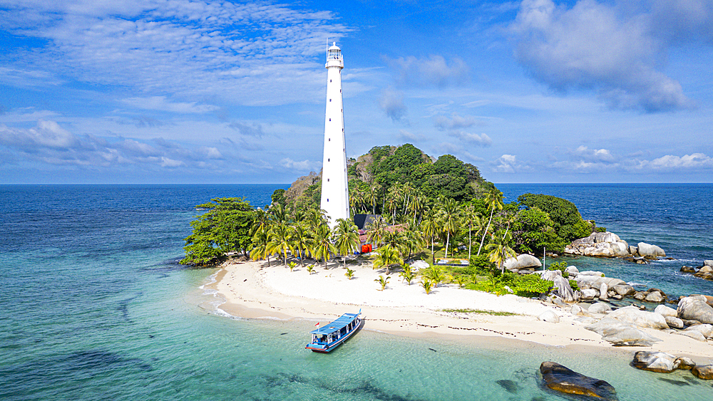 Aerial of Lengkuas (Old Indie Lighthouse Island), Belitung island off the coast of Sumatra, Indonesia, Southeast Asia, Asia