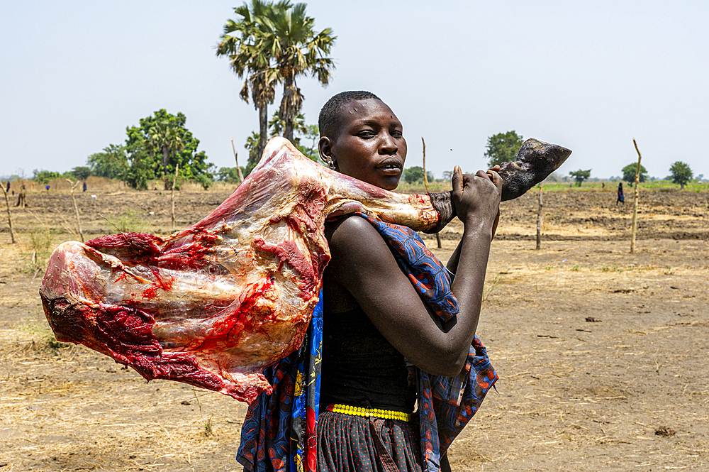 Mundari woman carrying a cow leg, Mundari tribe, South Sudan, Africa