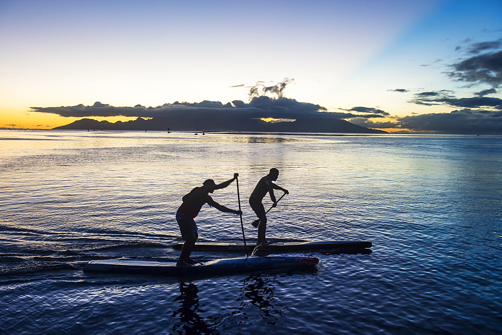 Stand up paddlers working out at sunset with Moorea in the background, Papeete, Tahiti, Society Islands, French Polynesia, Pacific