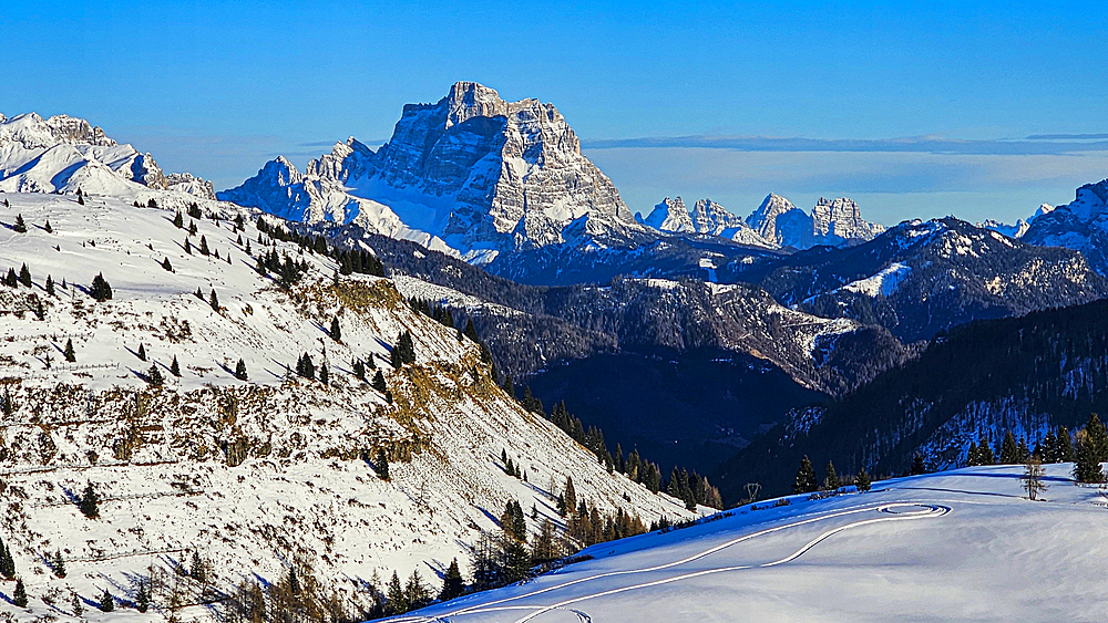 Winter landscape with mountain peaks, Dolomites, Italy, Europe