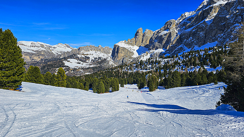 Ski slopes at the Sella Ronda, Dolomites, Italy, Europe