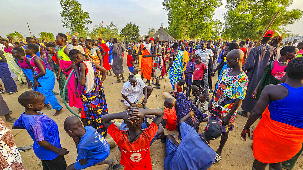 Crowds of locals at a traditional Dinka wedding, Bor, central region, South Sudan, Africa