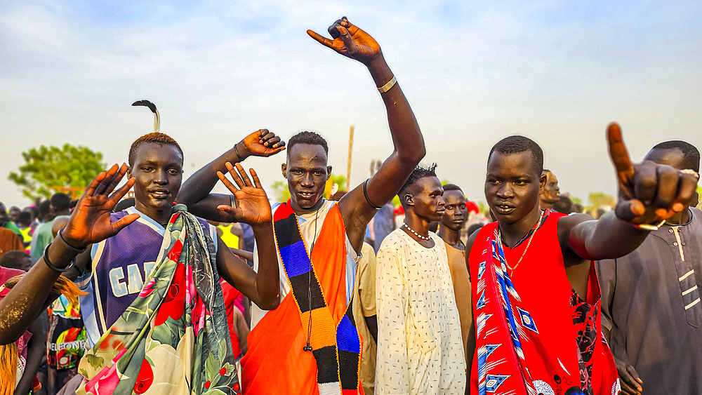 Locals dancing at a traditional Dinka wedding, Bor, central region, South Sudan, Africa