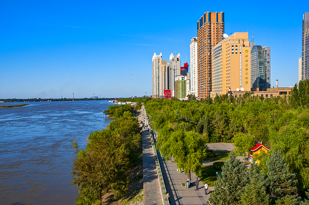 The skyline of Harbin with the Songhua River, Harbin, Heilongjiang, China, Asia