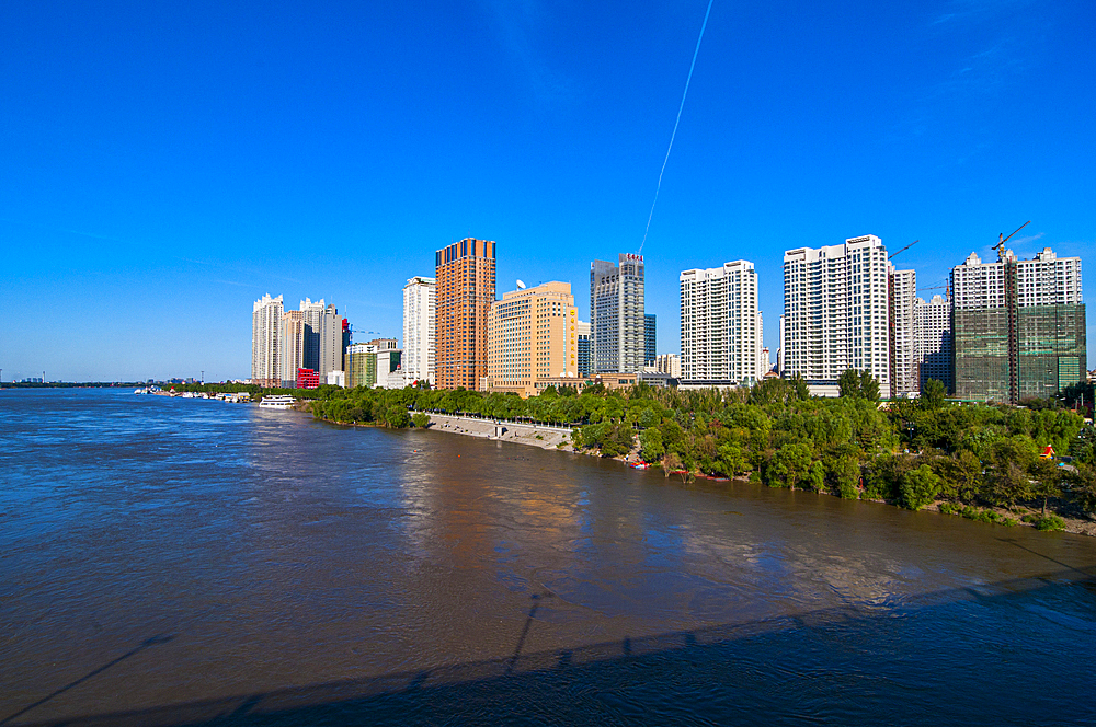 The skyline of Harbin with the Songhua River, Harbin, Heilongjiang, China, Asia