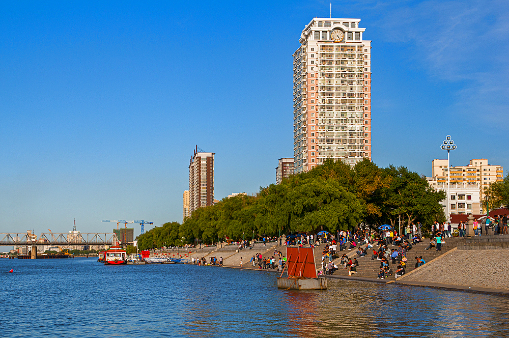 The skyline of Harbin with the Songhua River, Harbin, Heilongjiang, China, Asia