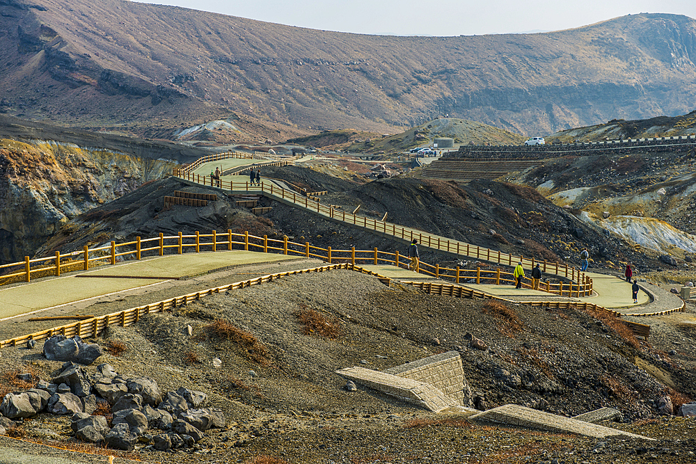 Crater rim path on Mount Naka, an active volcano, Mount Aso, Kyushu, Japan, Asia