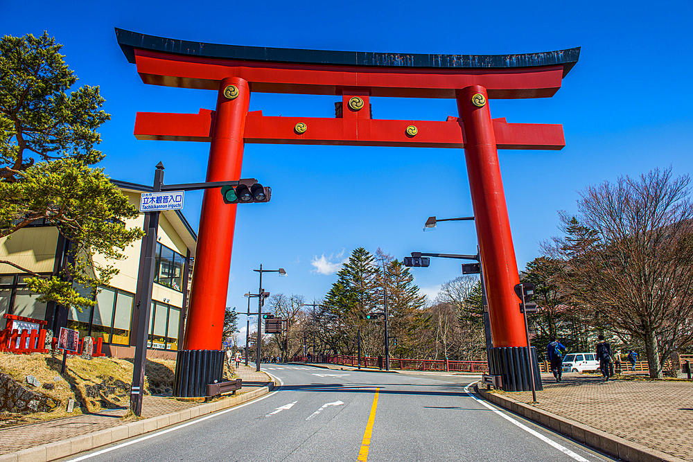 Red gate in Chuzenjiko Onsen, UNESCO World Heritage Site, Tochigi Prefecture, Nikko, Kanto, Honshu, Japan, Asia