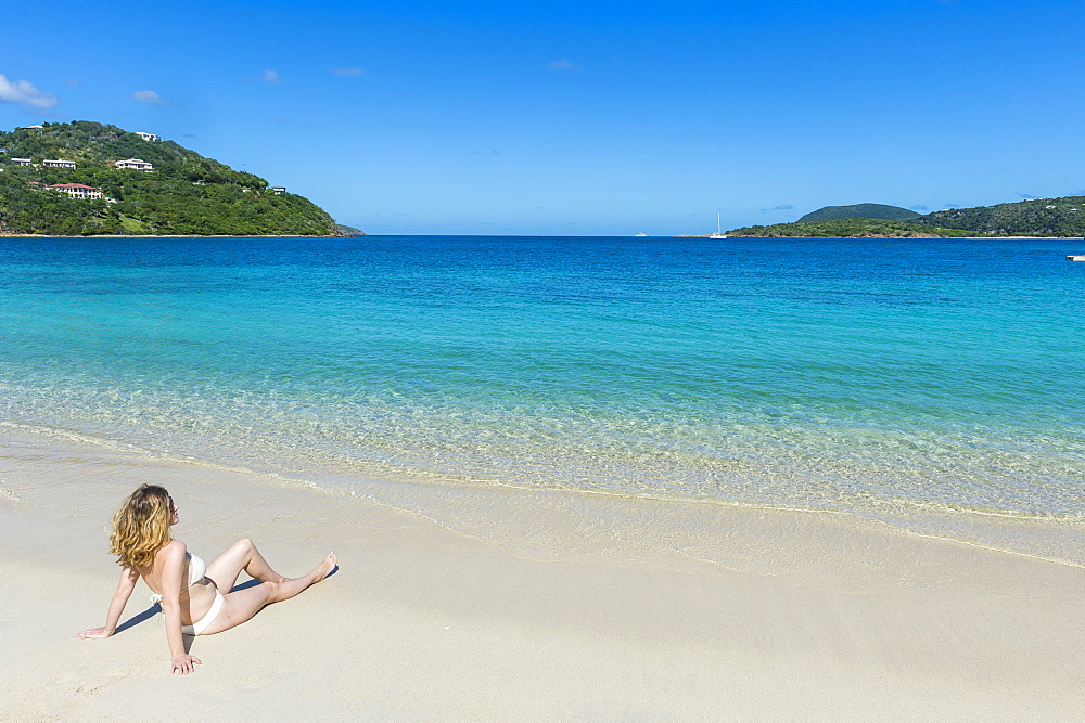 Woman relaxing on Long Bay Beach, Beef Island, Tortola, British Virgin Islands, West Indies, Caribbean, Central America