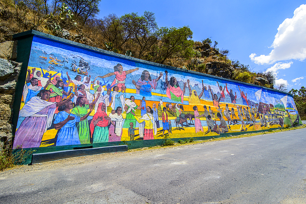 Huge wall mural of the patriotic war along the road between Asmara and Keren, Eritrea, Africa