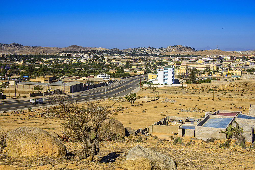 View over the town of Dekemhare along the road from Asmara to Qohaito, Eritrea, Africa