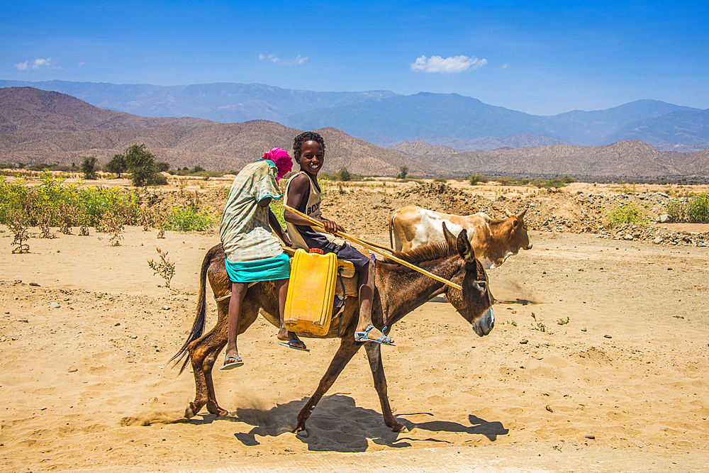 Boy and girl riding on a donkey to a waterhole in the lowlands of Eritrea, Africa