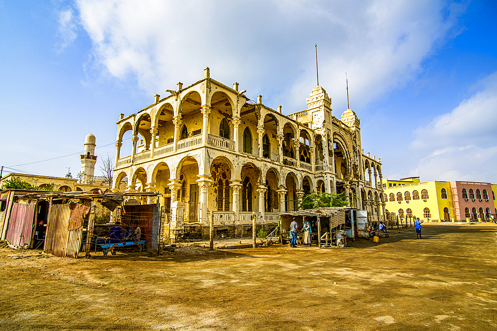 Destroyed former Banco d'Italia in the old port town of Massawa, Eritrea, Africa