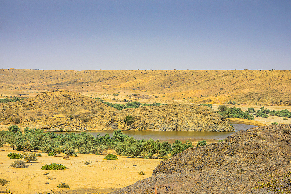 View over the dry landscape along the road from Massawa to Asmara, Eritrea, Africa