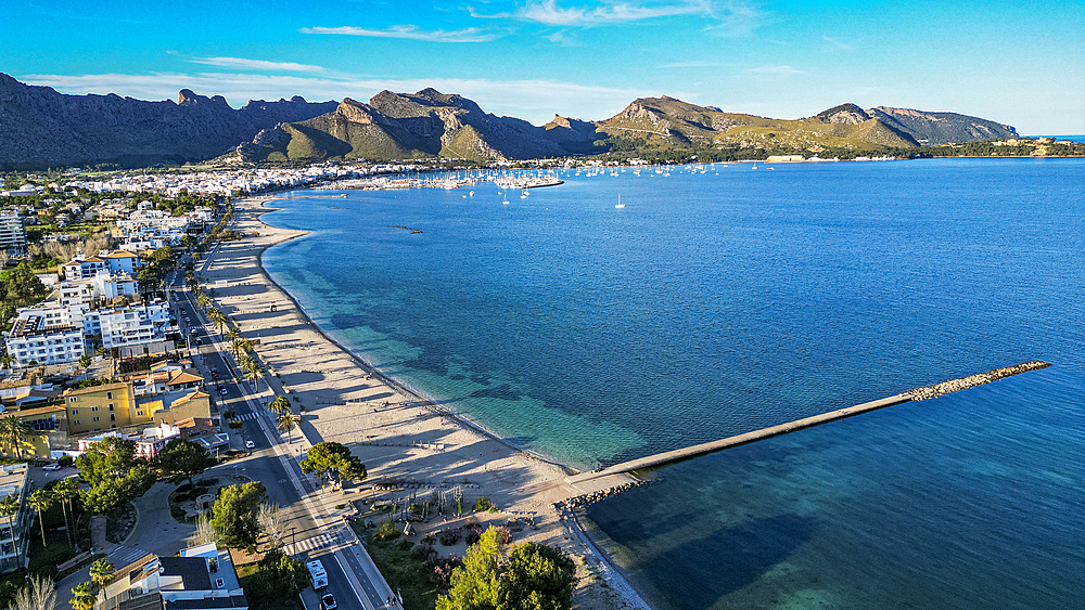 Aerial of Port de Pollenca, Mallorca, Balearic islands, Spain, Mediterranean, Europe