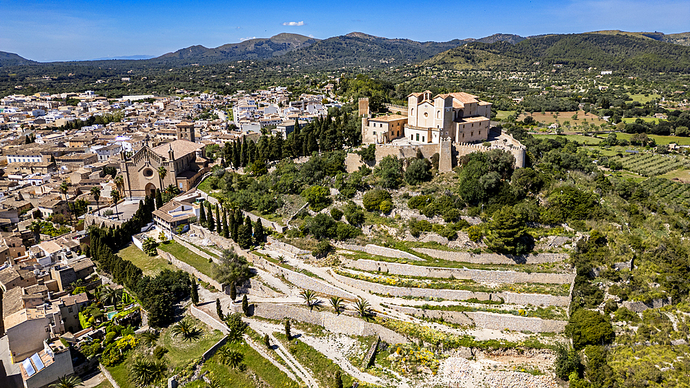 Aerial of Santuari de Sant Salvador, Arta, Mallorca, Balearic islands, Spain, Mediterranean, Europe