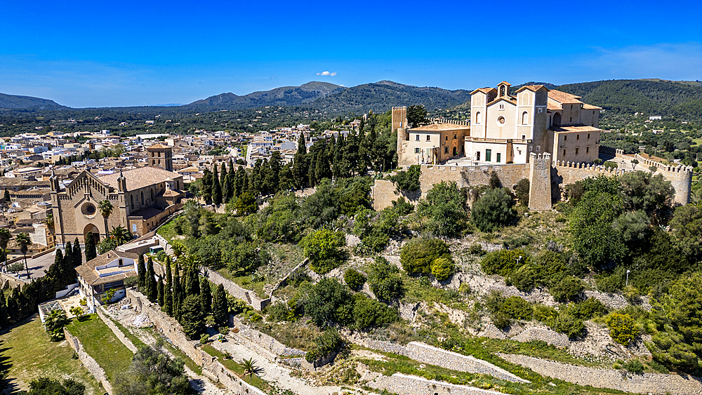 Aerial of Santuari de Sant Salvador, Arta, Mallorca, Balearic islands, Spain, Mediterranean, Europe