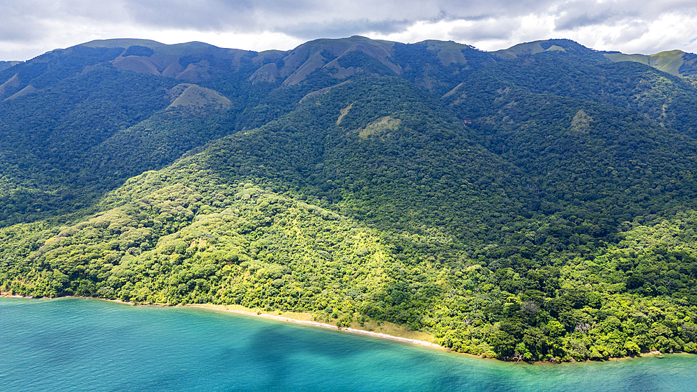 Aerial of Gombe Stream National Park, Lake Tanganyika, Tanzania, East Africa, Africa