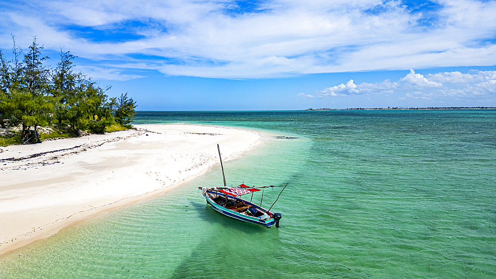 Aerial of a white sand beach on Sete Paus island near the Island of Mozambique, Mozambique, Africa