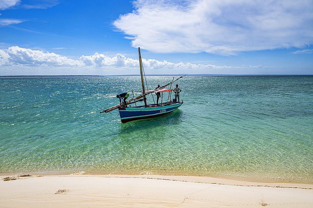 Traditional Dhow on a white sand beach on Sete Paus island near the Island of Mozambique, Mozambique, Africa